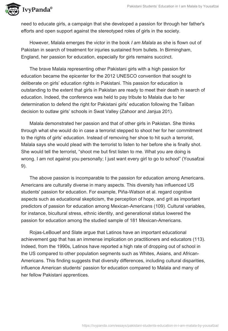 Pakistani Students’ Education in "I am Malala" by Yousafzai. Page 2