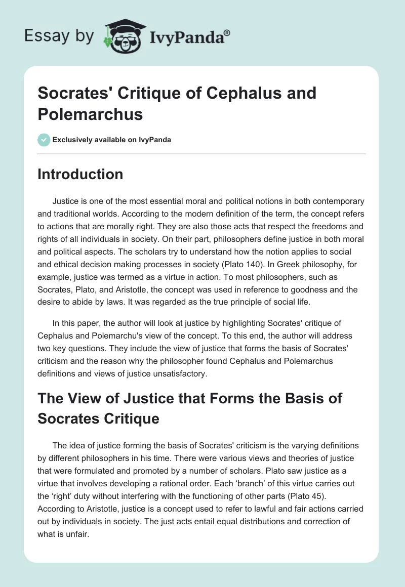 Socrates' Critique of Cephalus and Polemarchus. Page 1