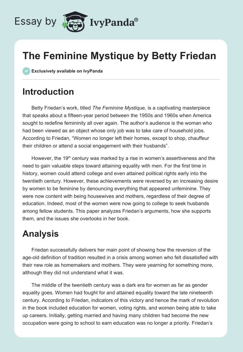 "The Feminine Mystique" by Betty Friedan. Page 1