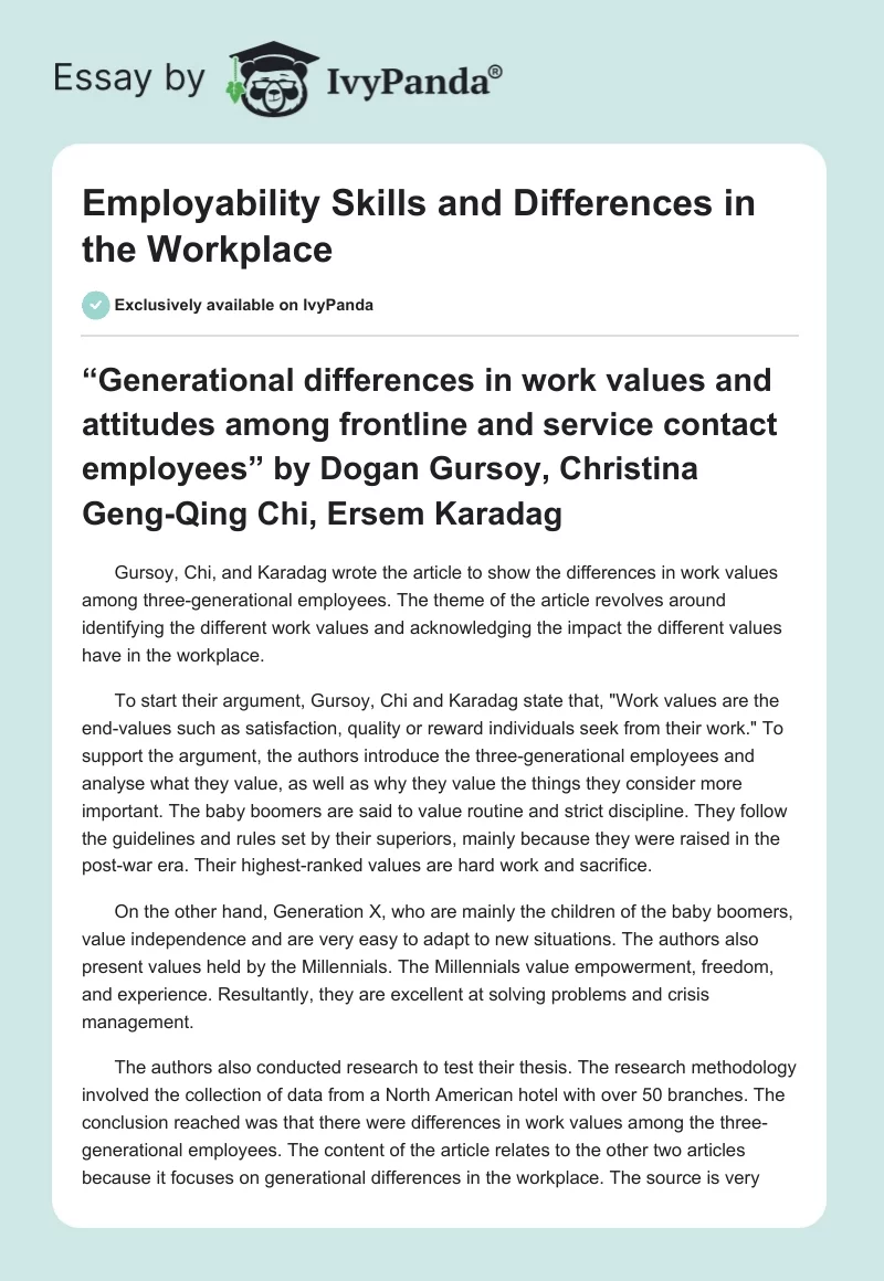 Employability Skills and Differences in the Workplace. Page 1