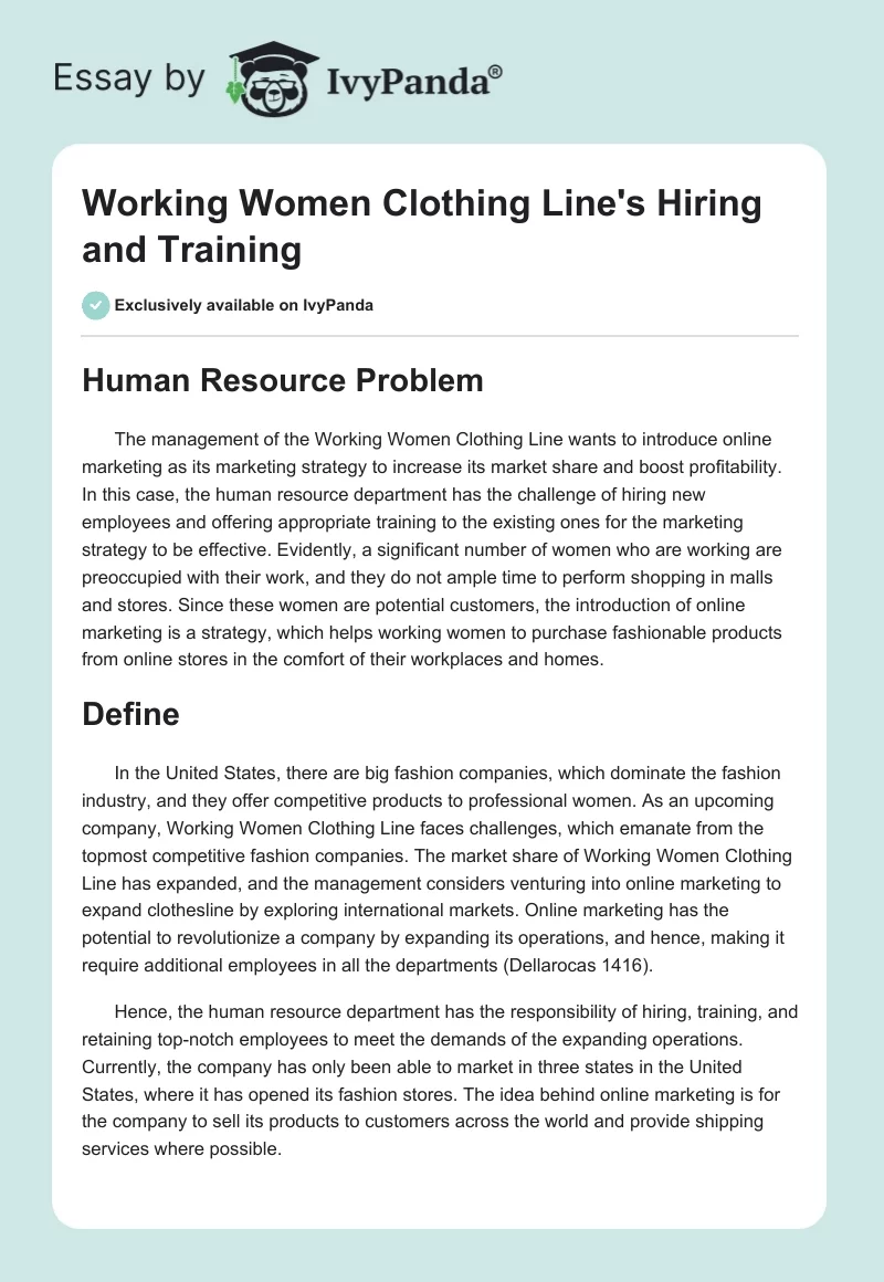 Working Women Clothing Line's Hiring and Training. Page 1