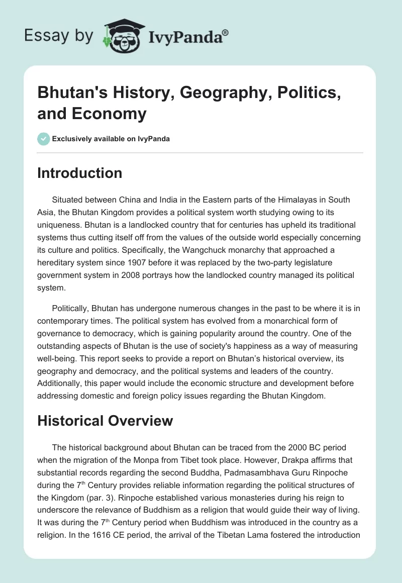 Bhutan's History, Geography, Politics, and Economy. Page 1