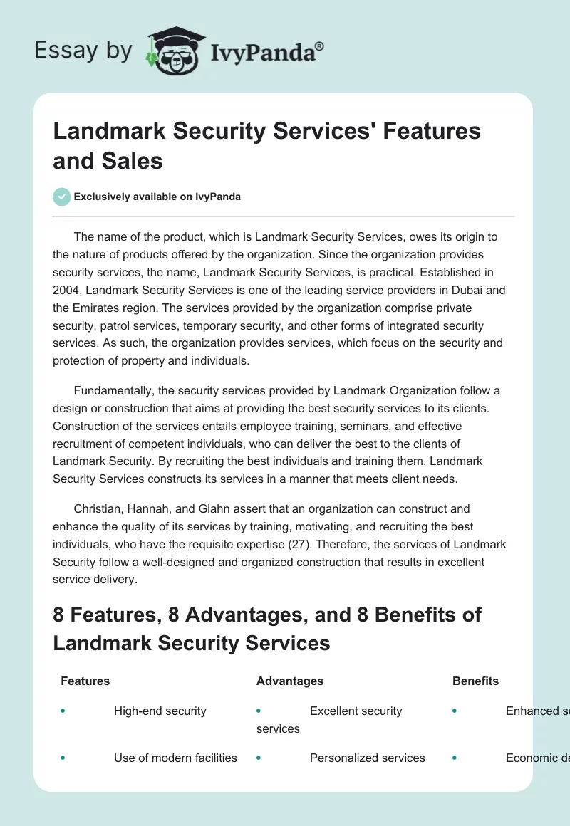 Landmark Security Services' Features and Sales. Page 1