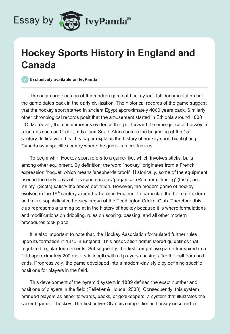 Hockey Sports History in England and Canada. Page 1