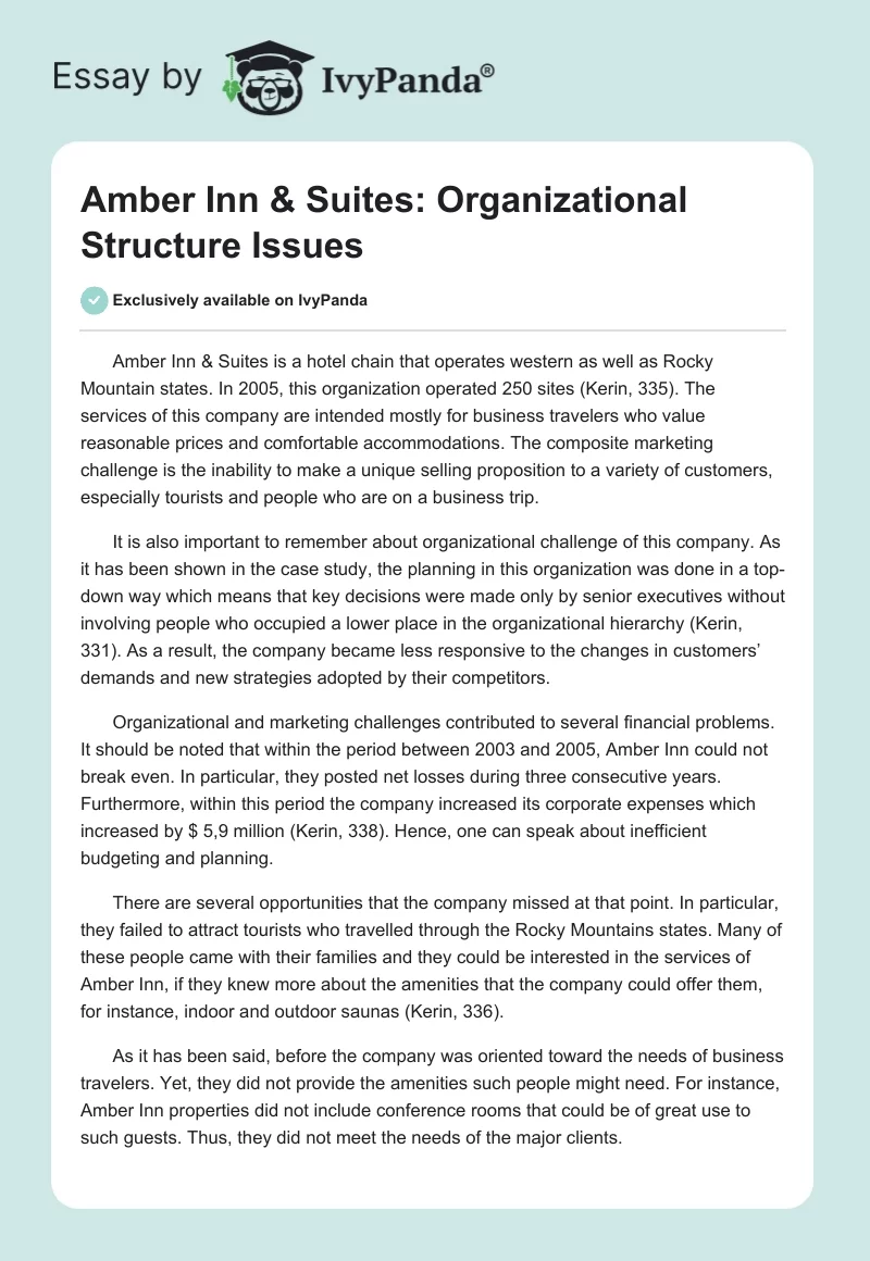 Amber Inn & Suites: Organizational Structure Issues. Page 1