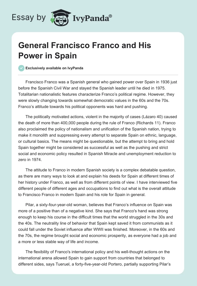 General Francisco Franco and His Power in Spain. Page 1