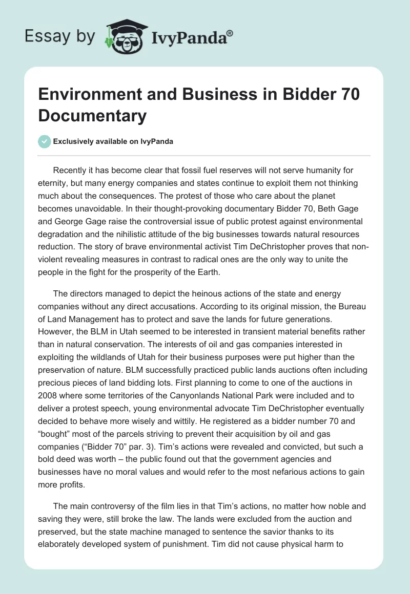 Environment and Business in "Bidder 70" Documentary. Page 1