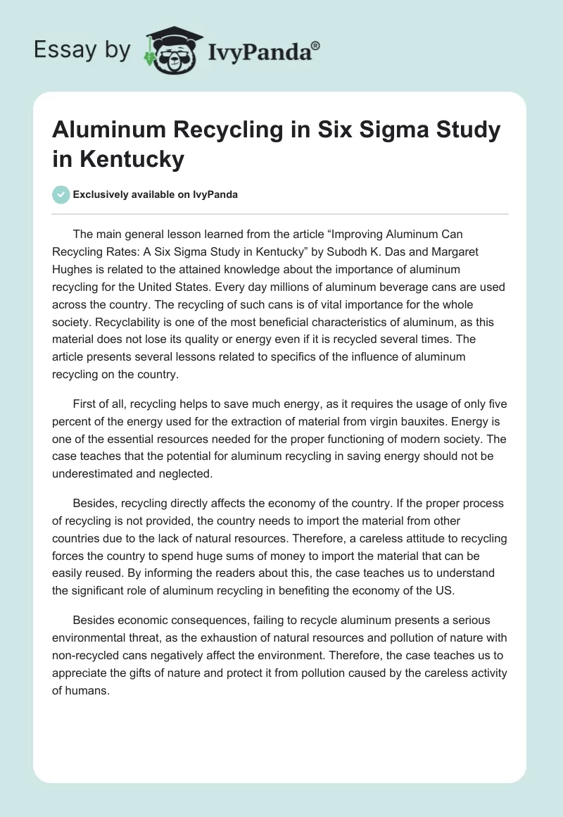 Aluminum Recycling in Six Sigma Study in Kentucky. Page 1