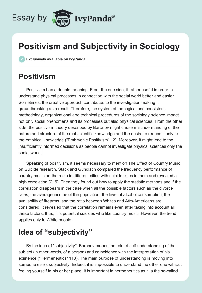 Positivism and Subjectivity in Sociology. Page 1