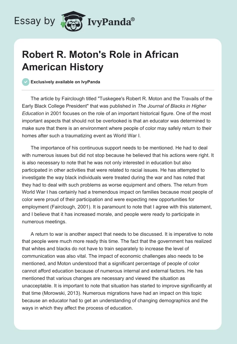 Robert R. Moton's Role in African American History. Page 1