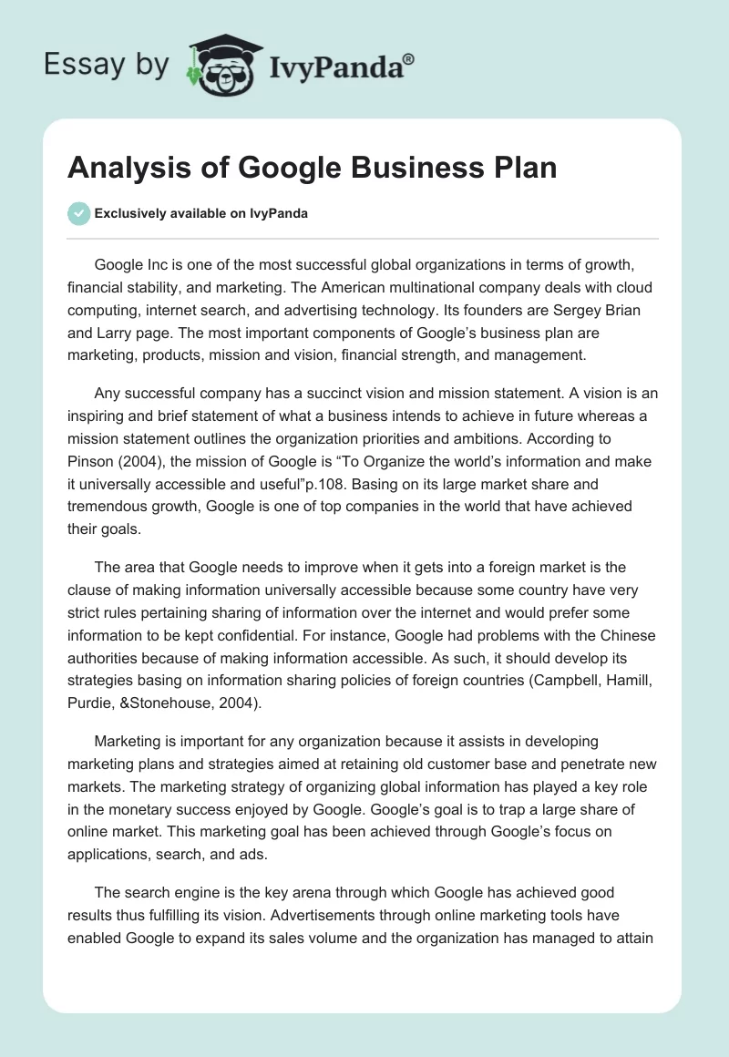Analysis of Google Business Plan. Page 1