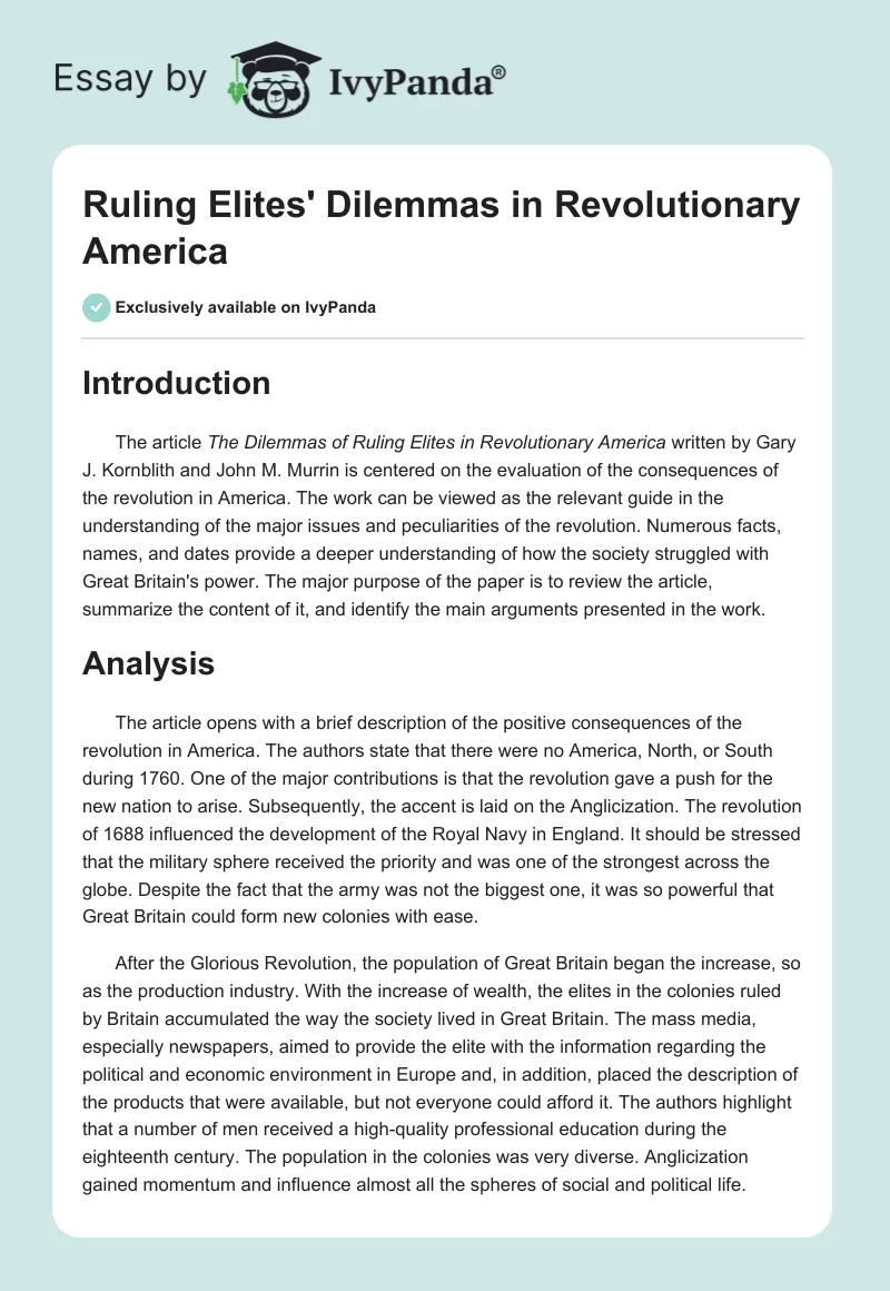 Ruling Elites' Dilemmas in Revolutionary America. Page 1