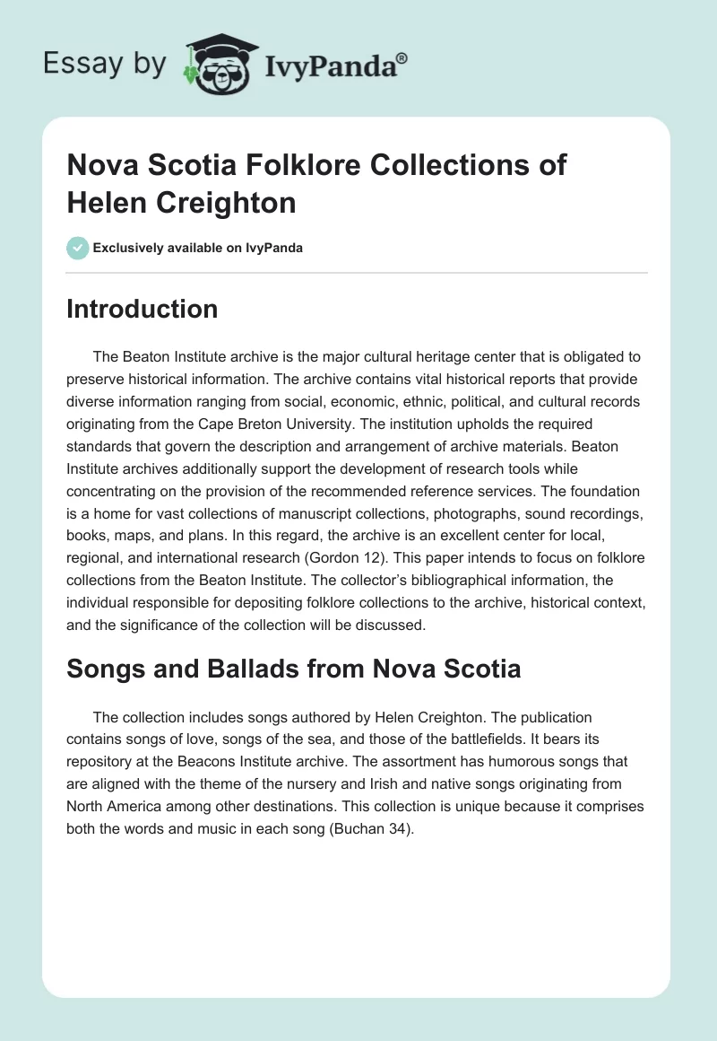 Nova Scotia Folklore Collections of Helen Creighton. Page 1