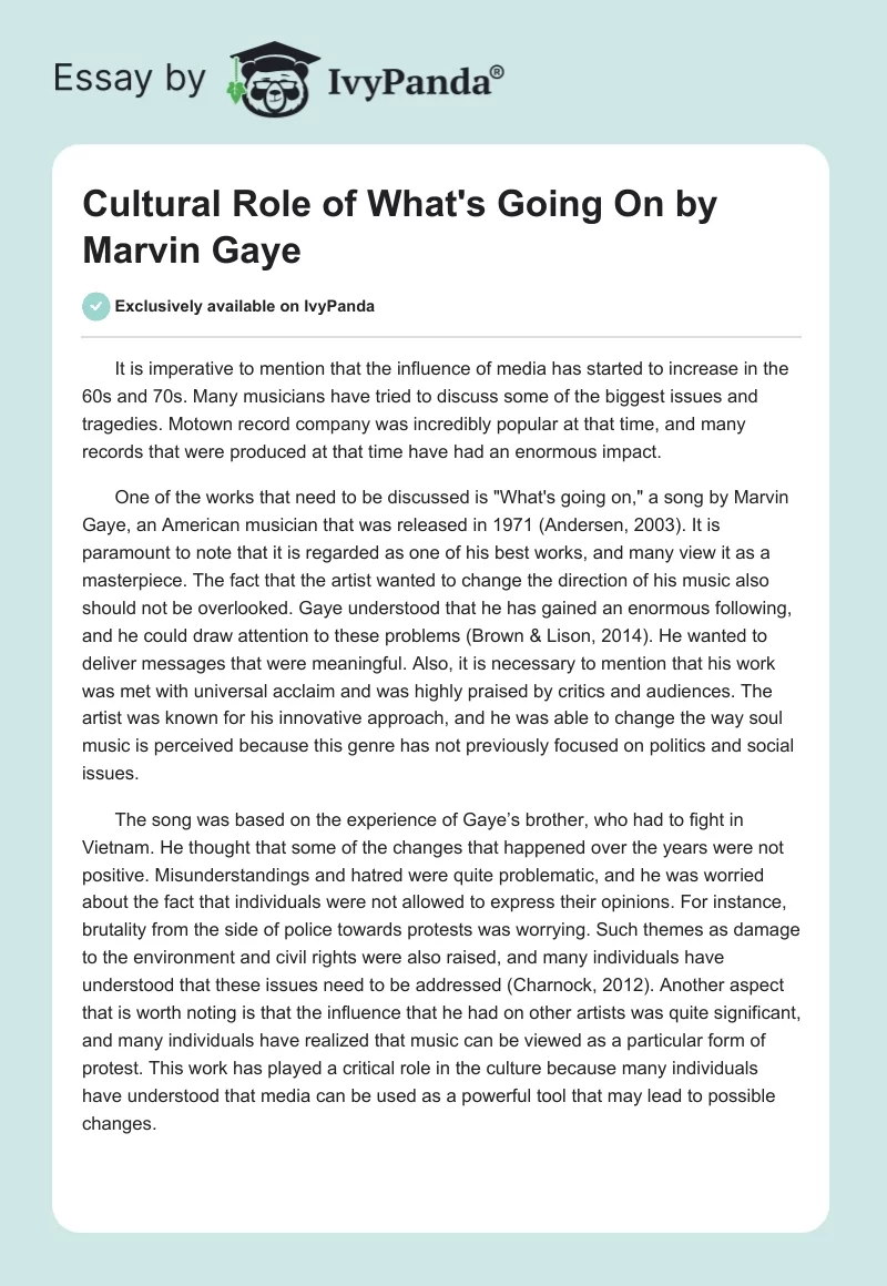 Cultural Role of "What's Going On" by Marvin Gaye. Page 1