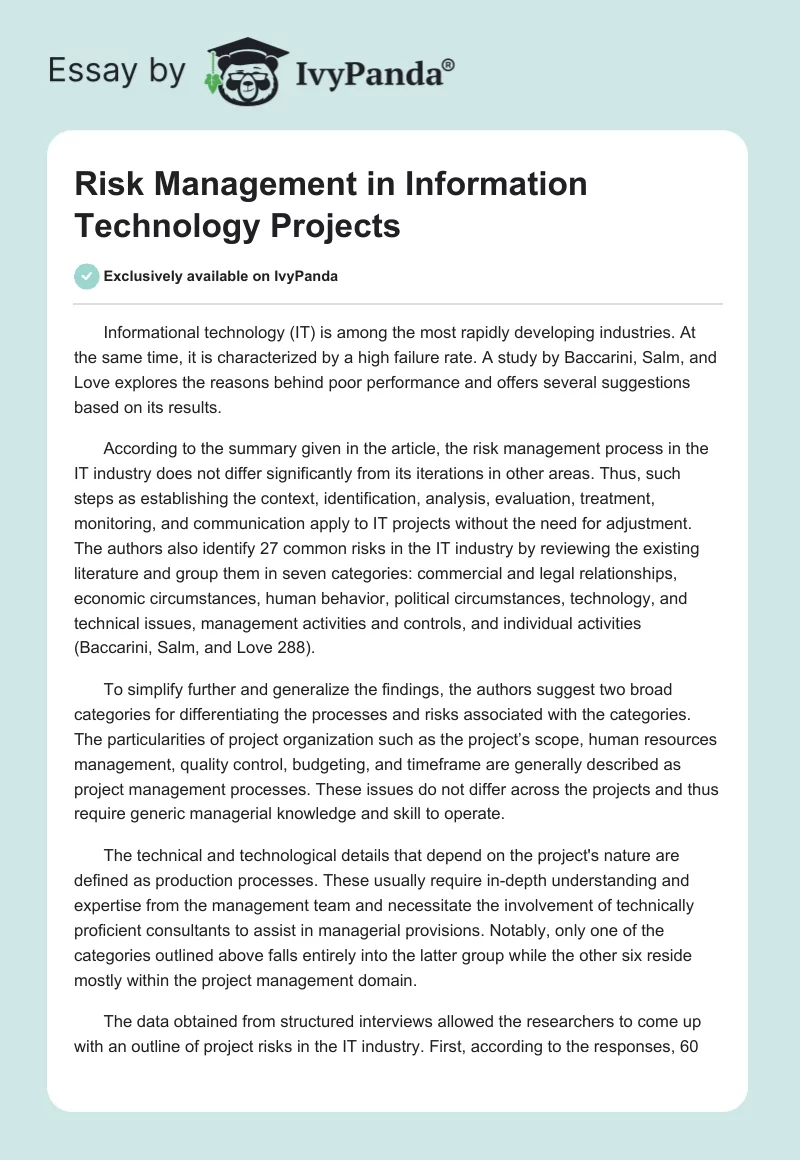 Risk Management in Information Technology Projects. Page 1