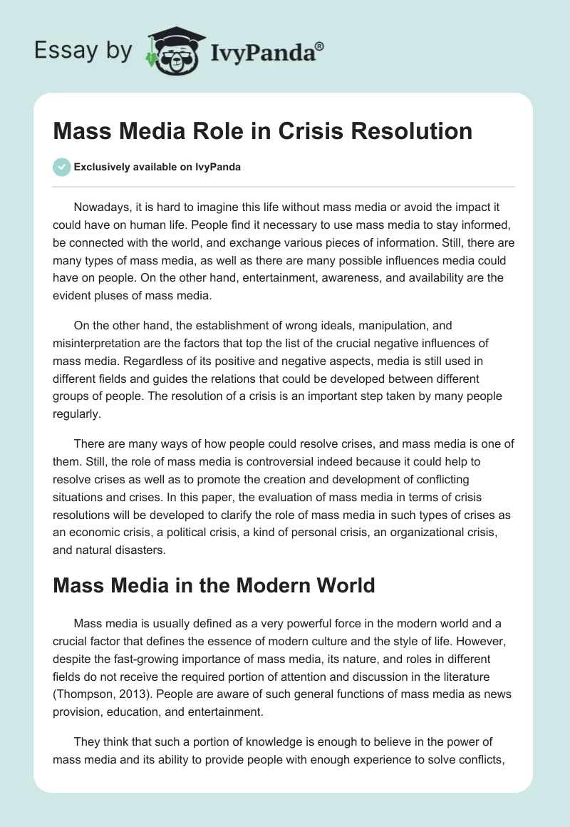 Mass Media Role in Crisis Resolution. Page 1