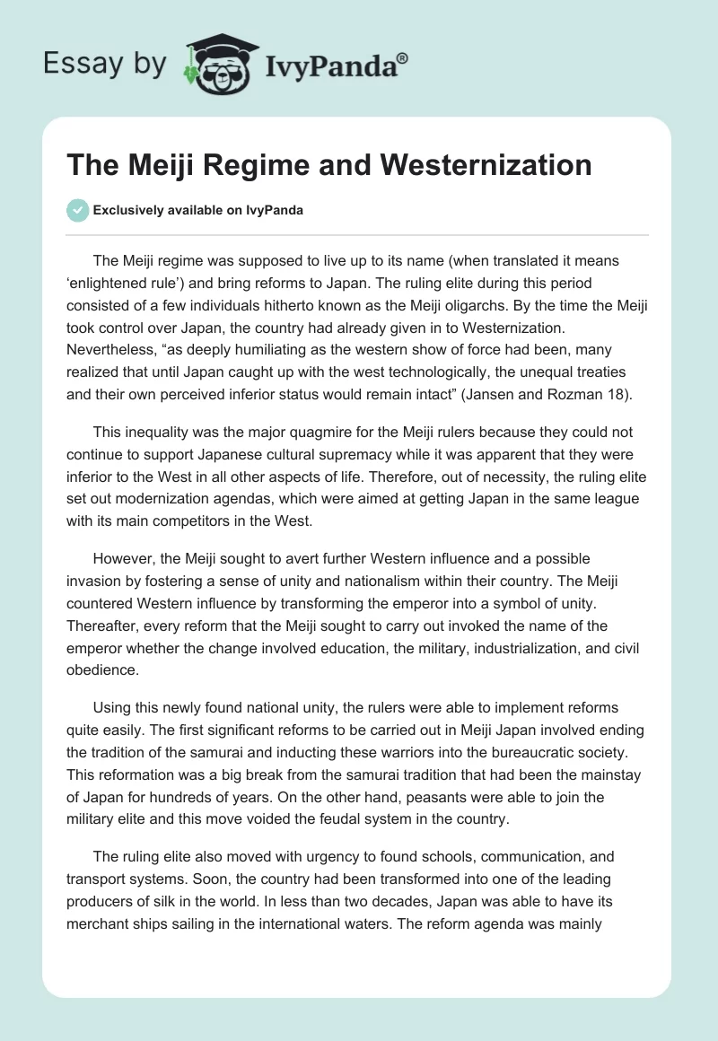 The Meiji Regime and Westernization. Page 1