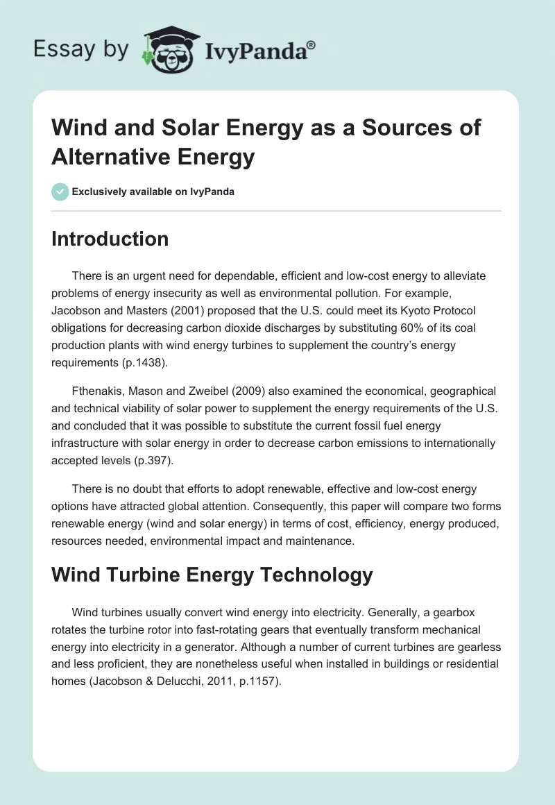 Wind and Solar Energy as a Sources of Alternative Energy. Page 1