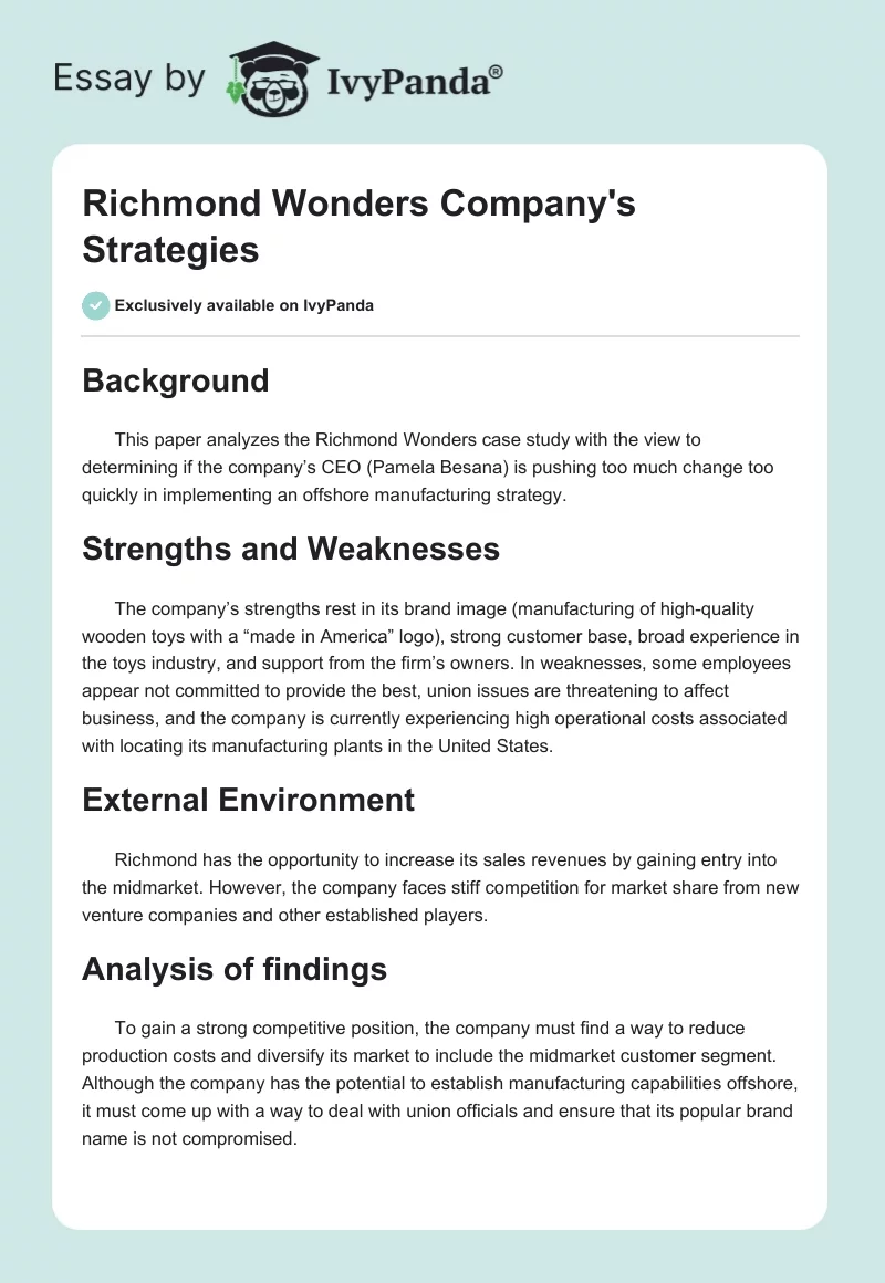 Richmond Wonders Company's Strategies. Page 1