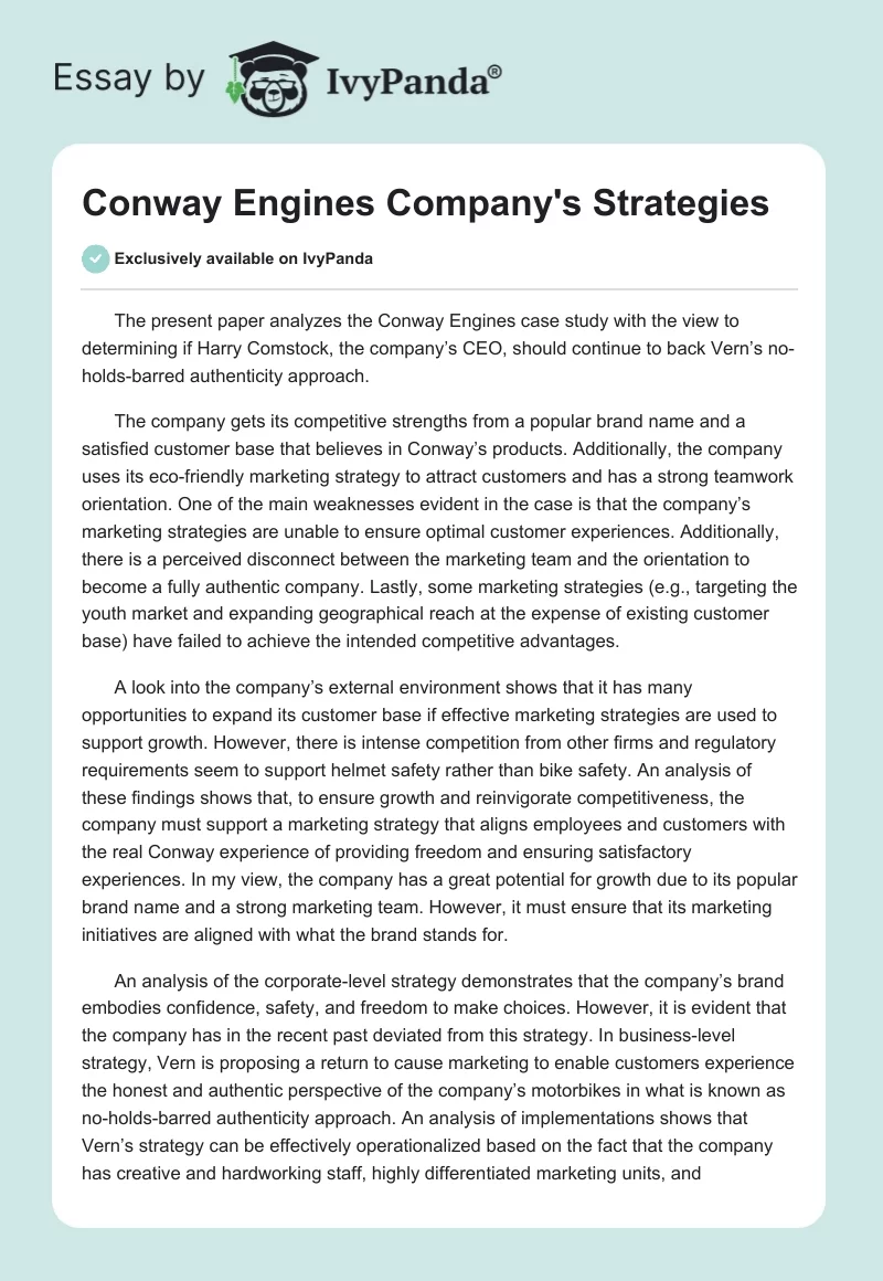 Conway Engines Company's Strategies. Page 1
