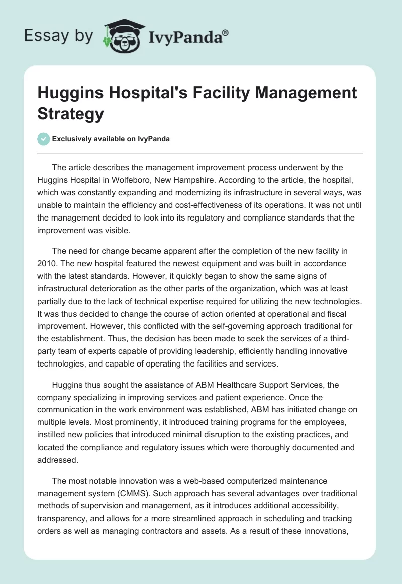 Huggins Hospital's Facility Management Strategy. Page 1