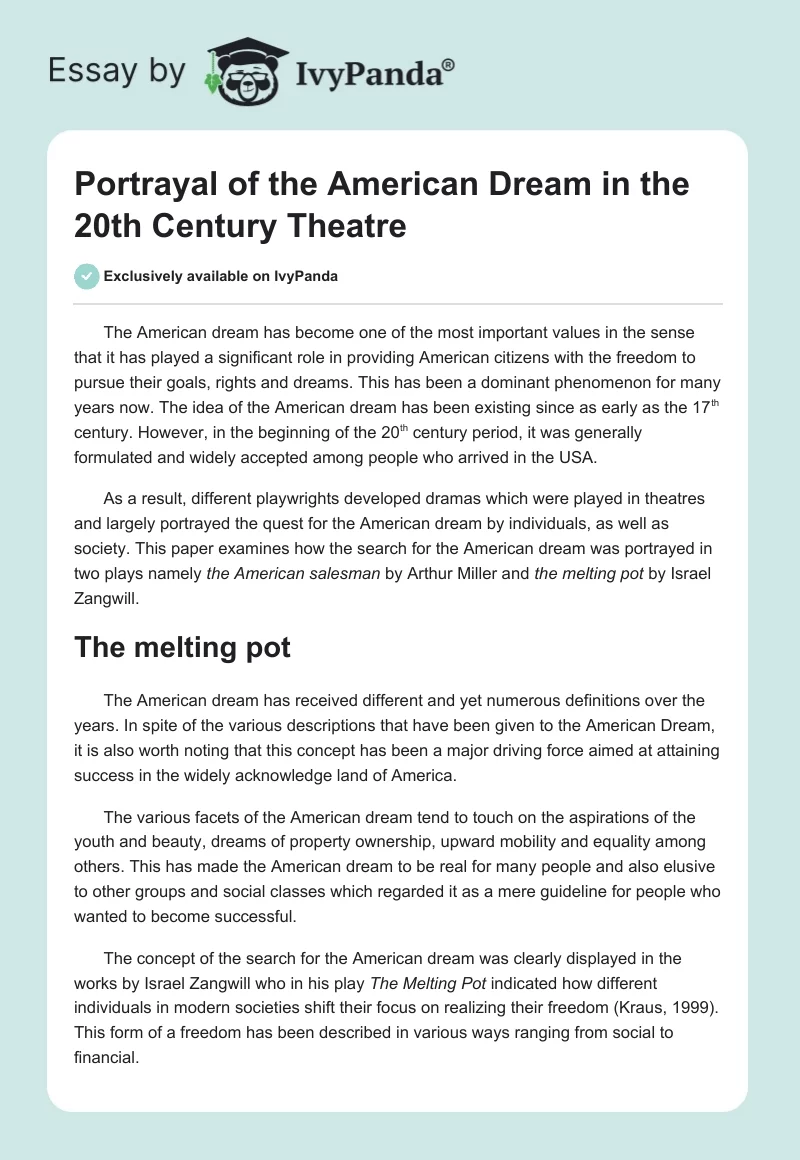 Portrayal of the American Dream in the 20th Century Theatre. Page 1
