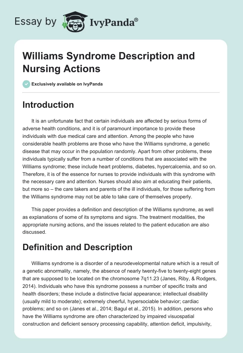 Williams Syndrome Description and Nursing Actions. Page 1