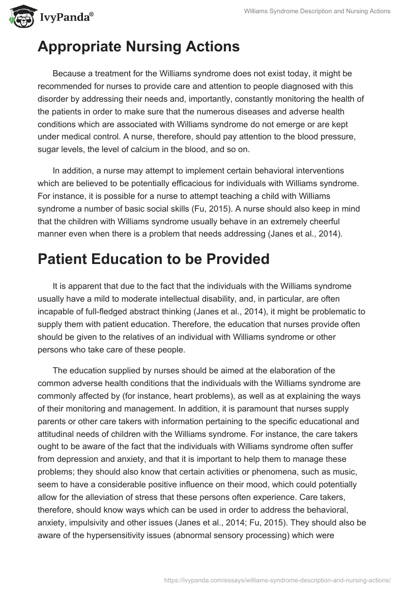 Williams Syndrome Description and Nursing Actions. Page 3
