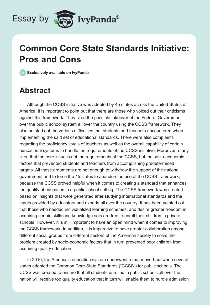 Common Core State Standards Initiative: Pros and Cons. Page 1