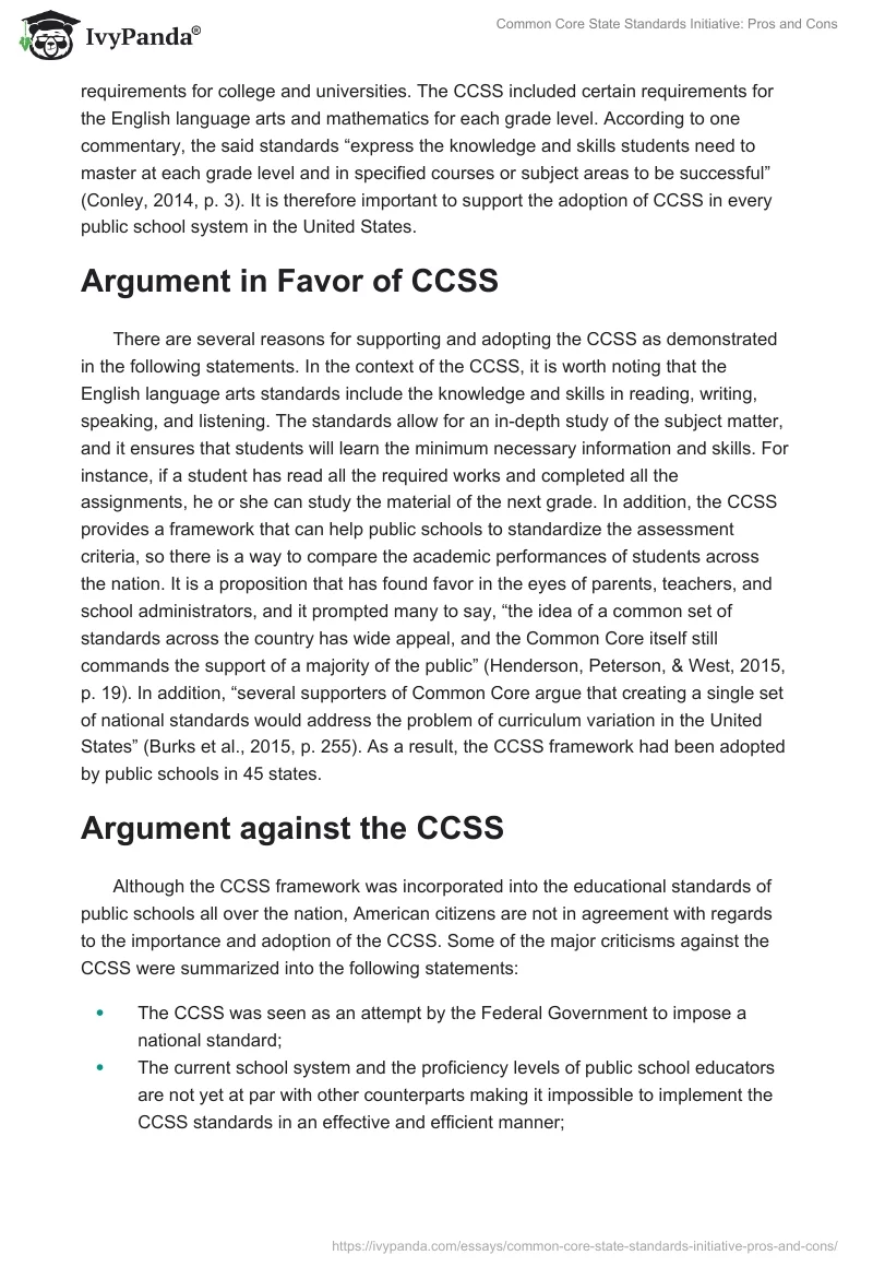 Common Core State Standards Initiative: Pros and Cons. Page 2