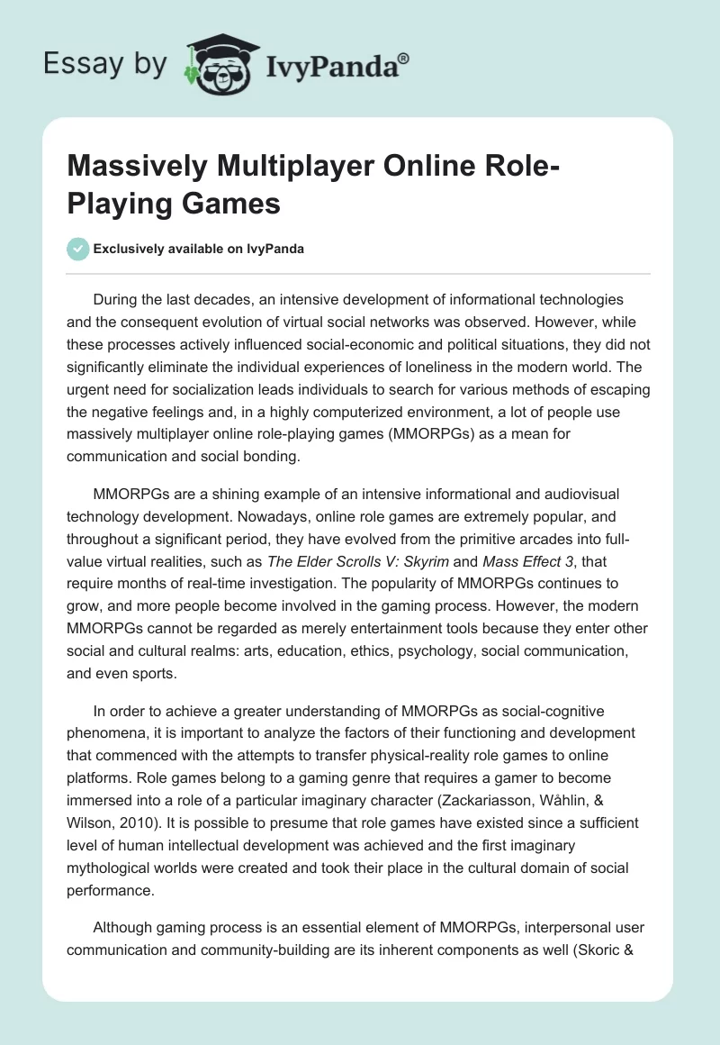 O Potencial Educativo Dos Massively Multiplayer Online Games: Um
