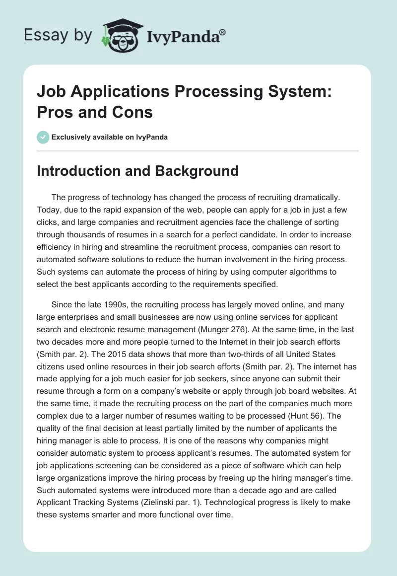 Job Applications Processing System: Pros and Cons. Page 1