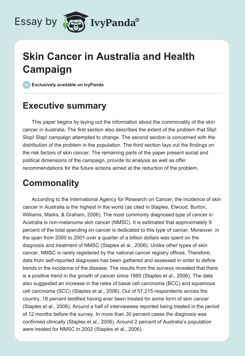 Skin Cancer in Australia and Health Campaign. Page 1
