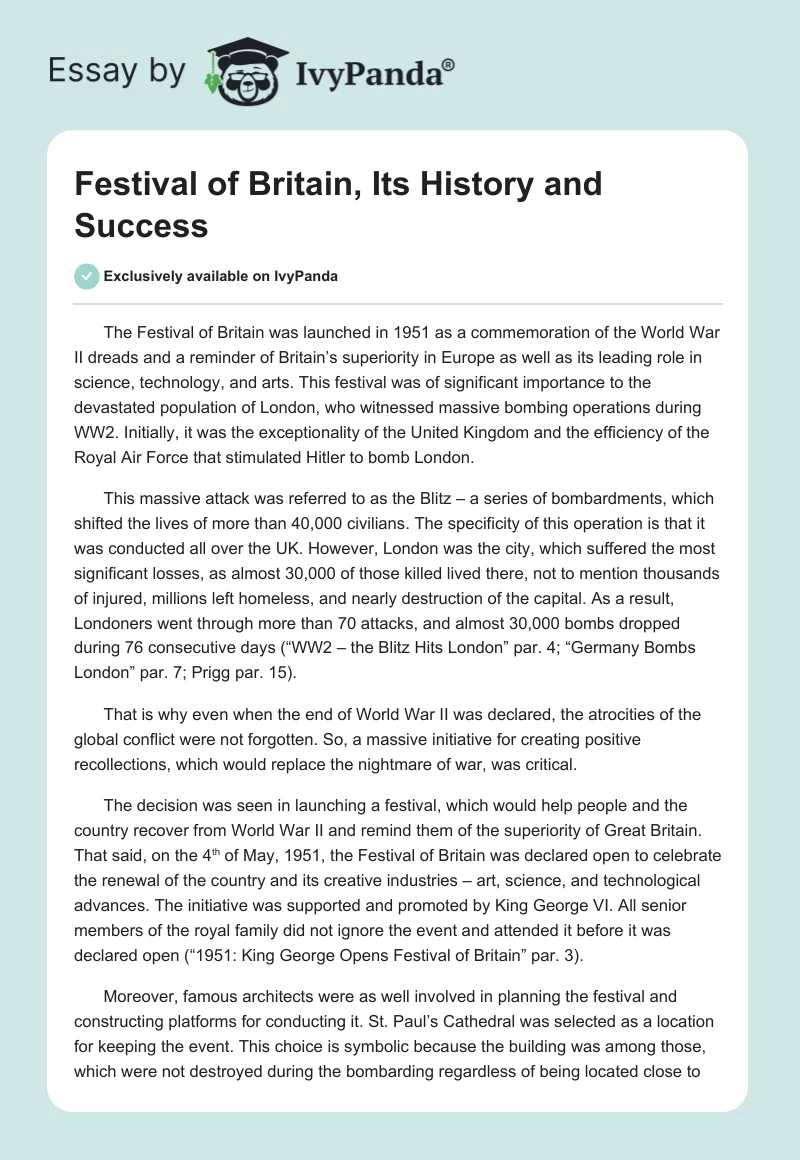 Festival of Britain, Its History and Success. Page 1