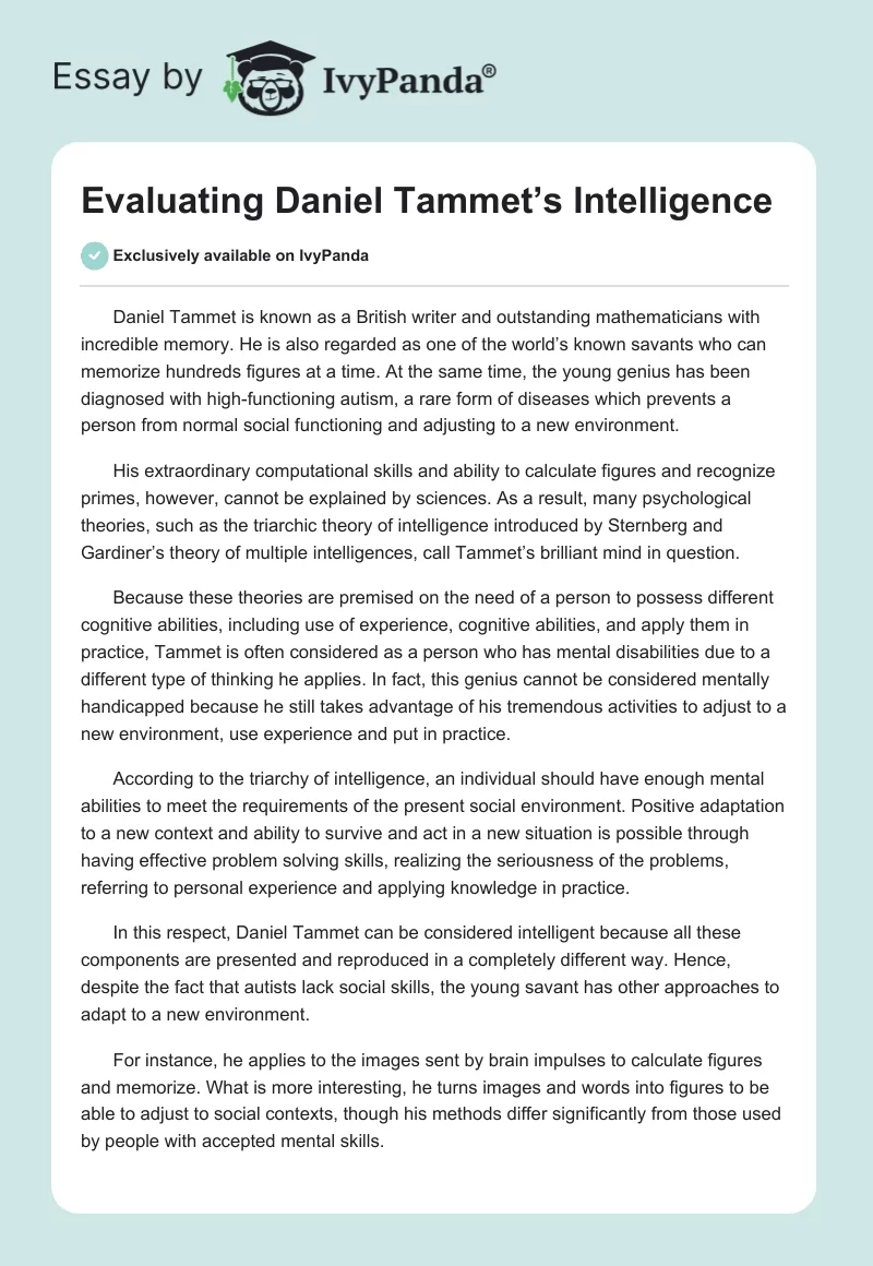 Evaluating Daniel Tammet’s Intelligence. Page 1