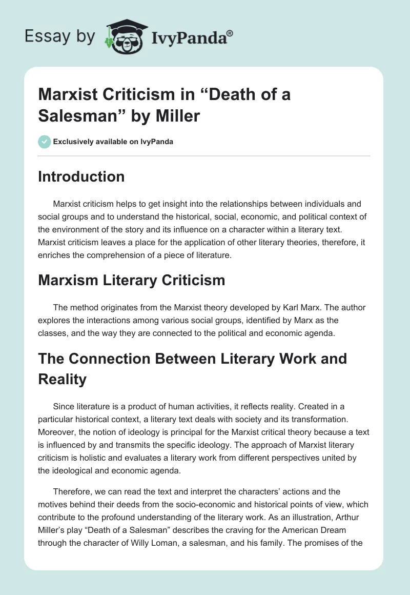 Marxist Criticism in “Death of a Salesman” by Miller. Page 1