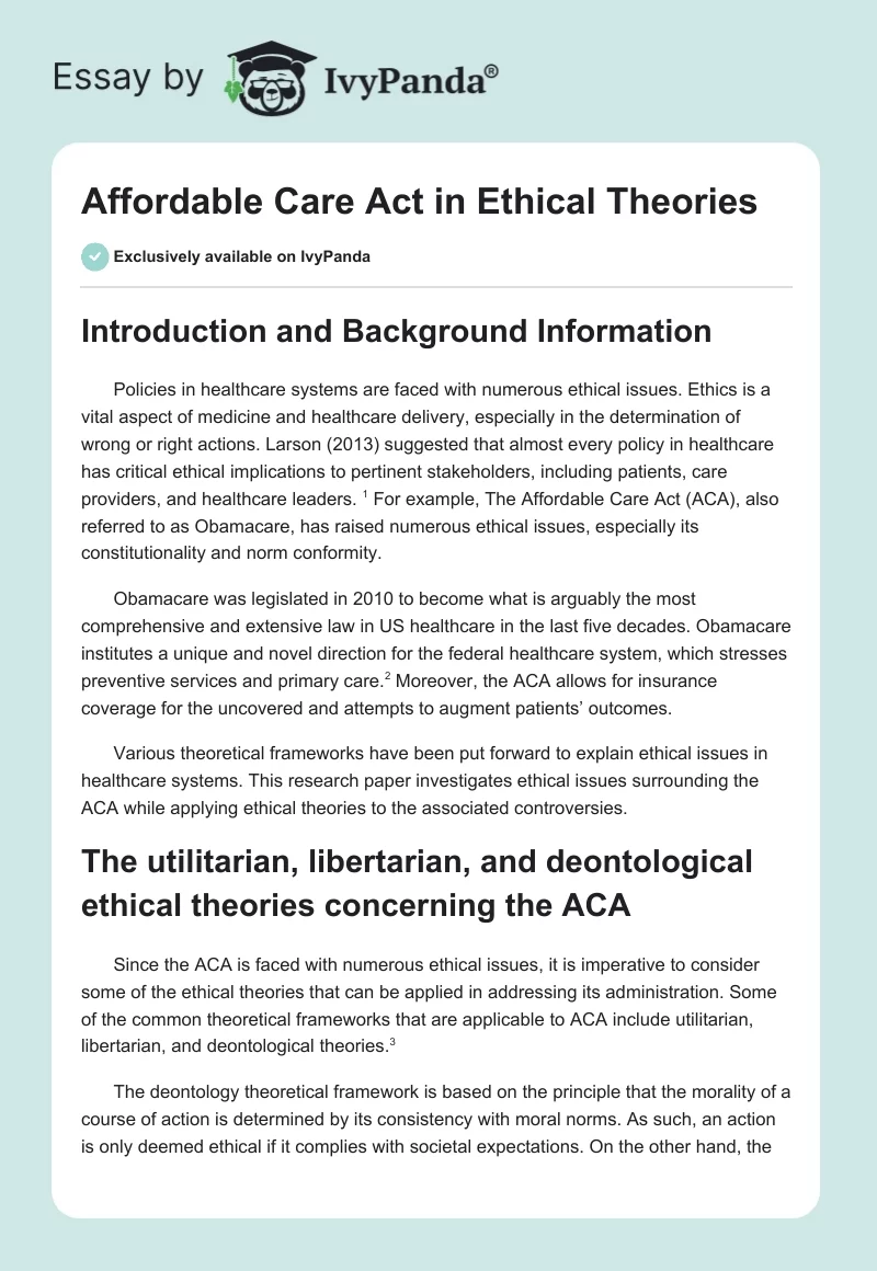 Affordable Care Act in Ethical Theories. Page 1