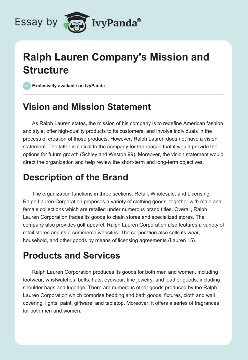 Ralph Lauren Company's Mission and Structure. Page 1