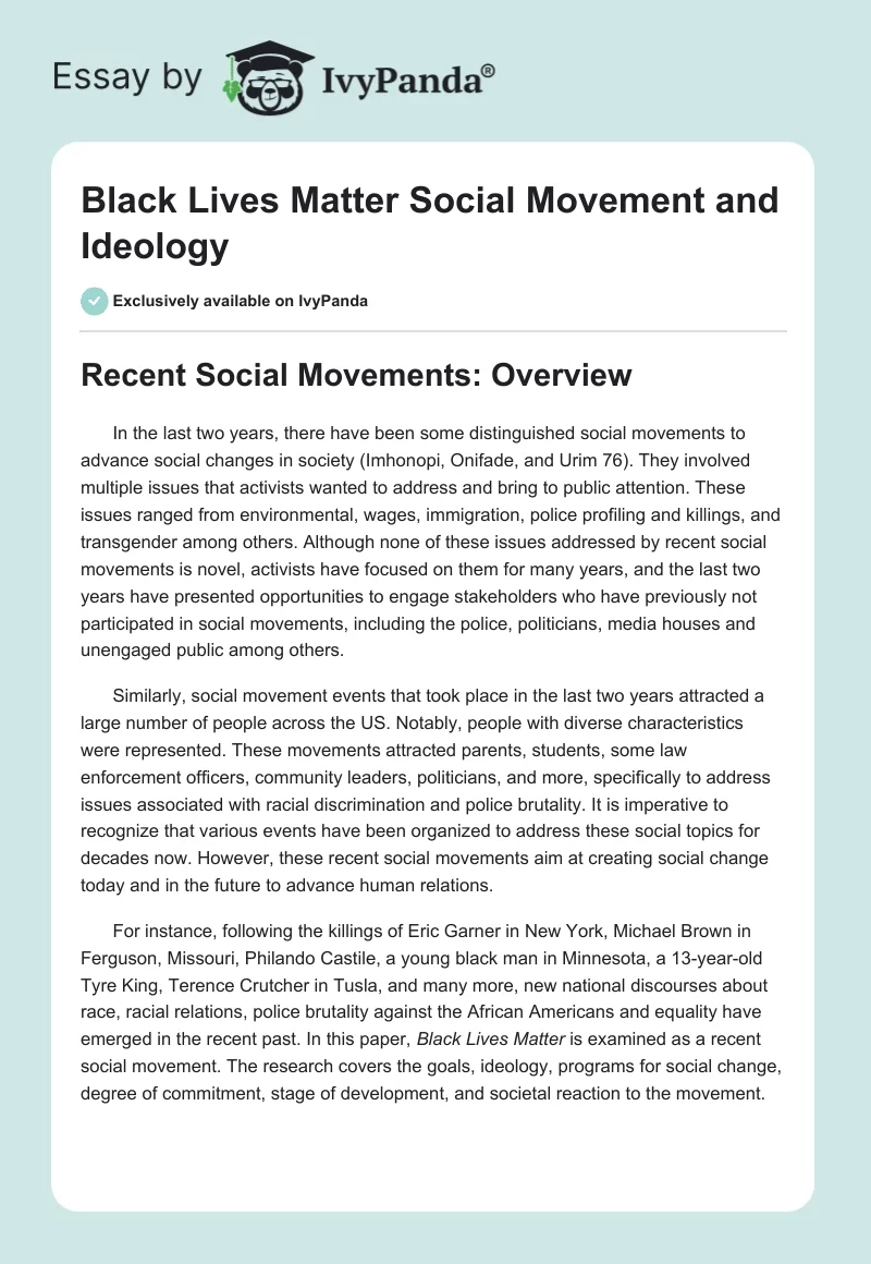 Black Lives Matter Social Movement and Ideology. Page 1