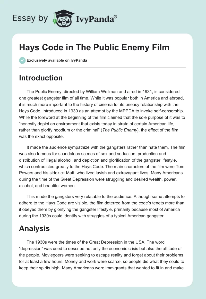 Hays Code in "The Public Enemy" Film. Page 1