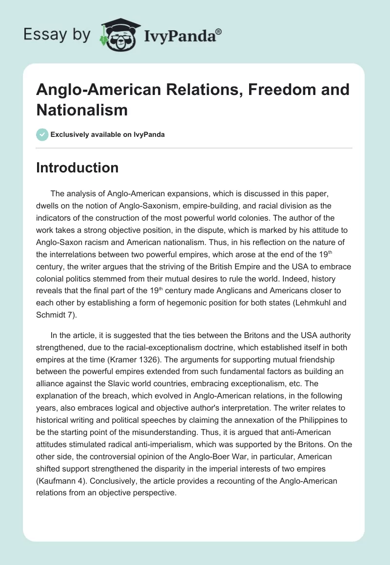 Anglo-American Relations, Freedom and Nationalism. Page 1