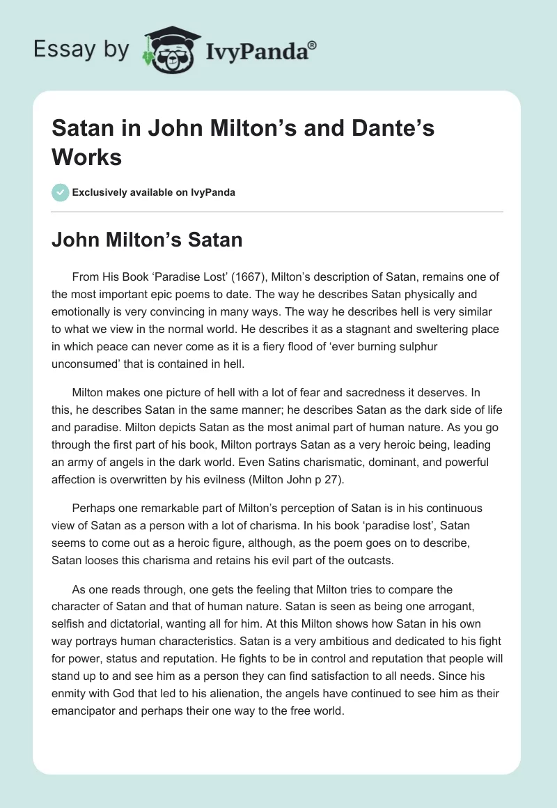 Satan in John Milton’s and Dante’s Works. Page 1