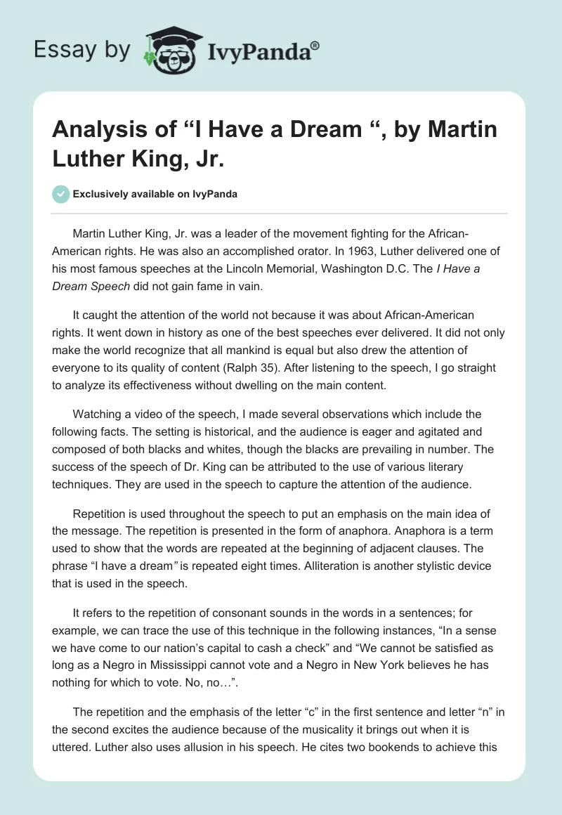 Analysis of “I Have a Dream “, by Martin Luther King, Jr.. Page 1