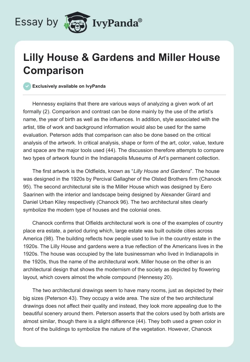 Lilly House & Gardens and Miller House Comparison. Page 1