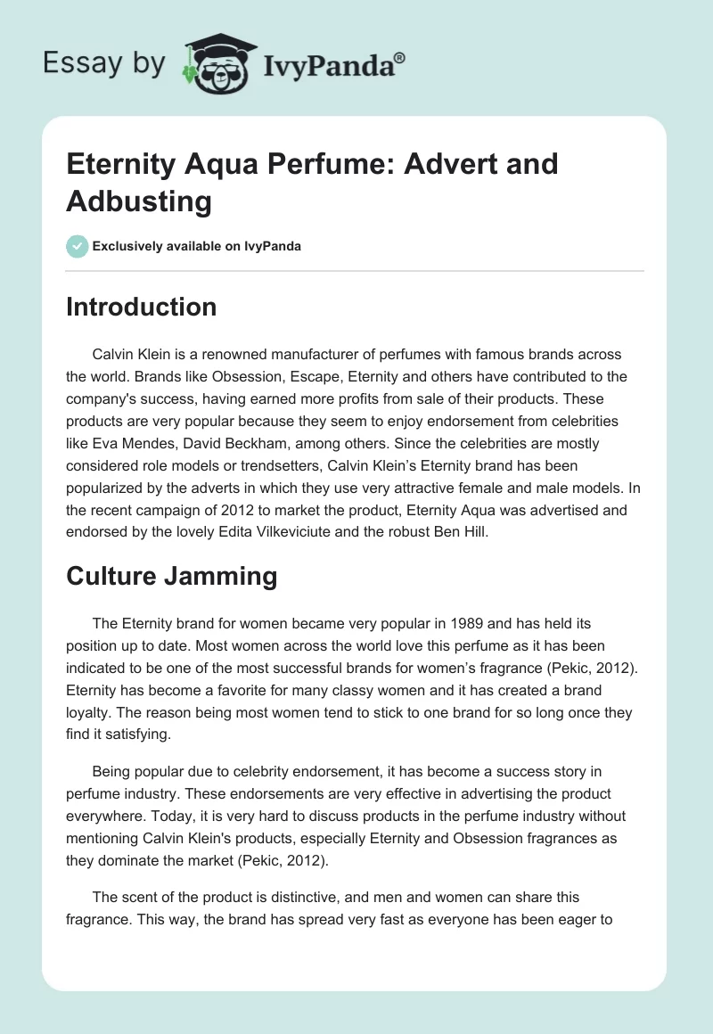Eternity Aqua Perfume: Advert and Adbusting. Page 1