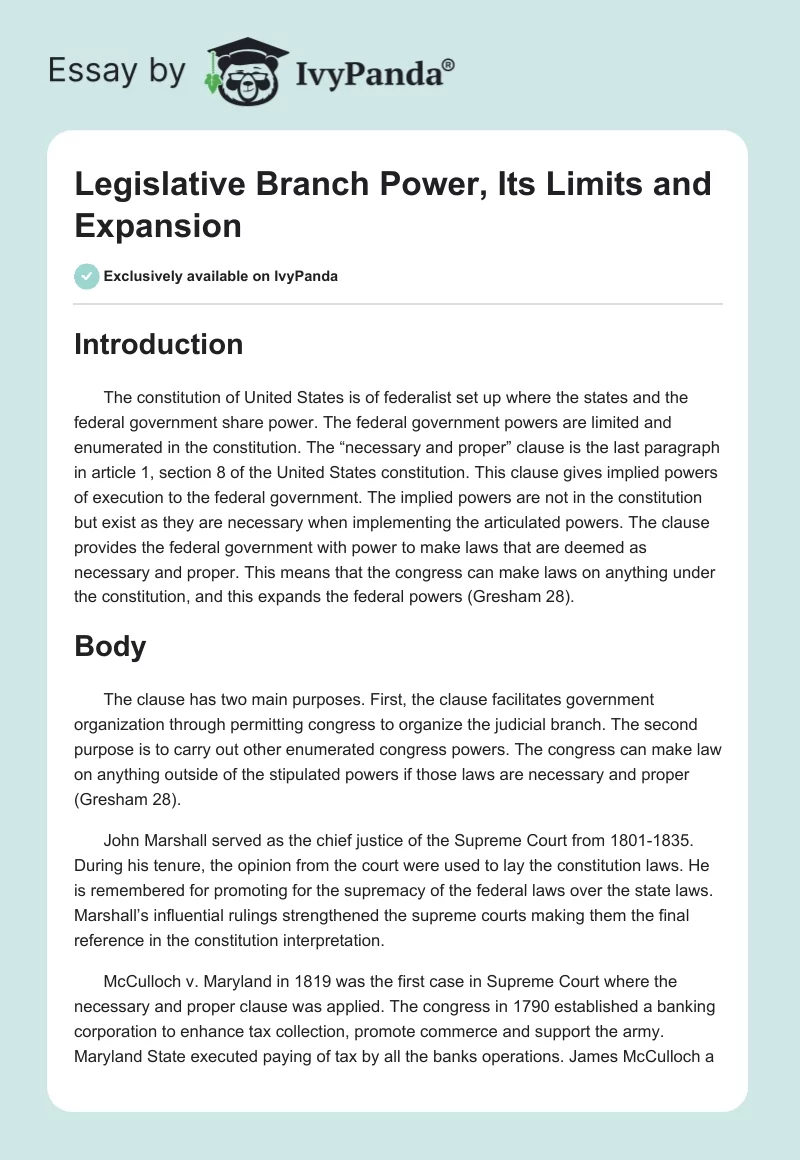 Legislative Branch Power, Its Limits and Expansion. Page 1
