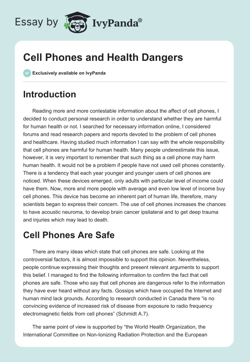 Cell Phones and Health Dangers. Page 1