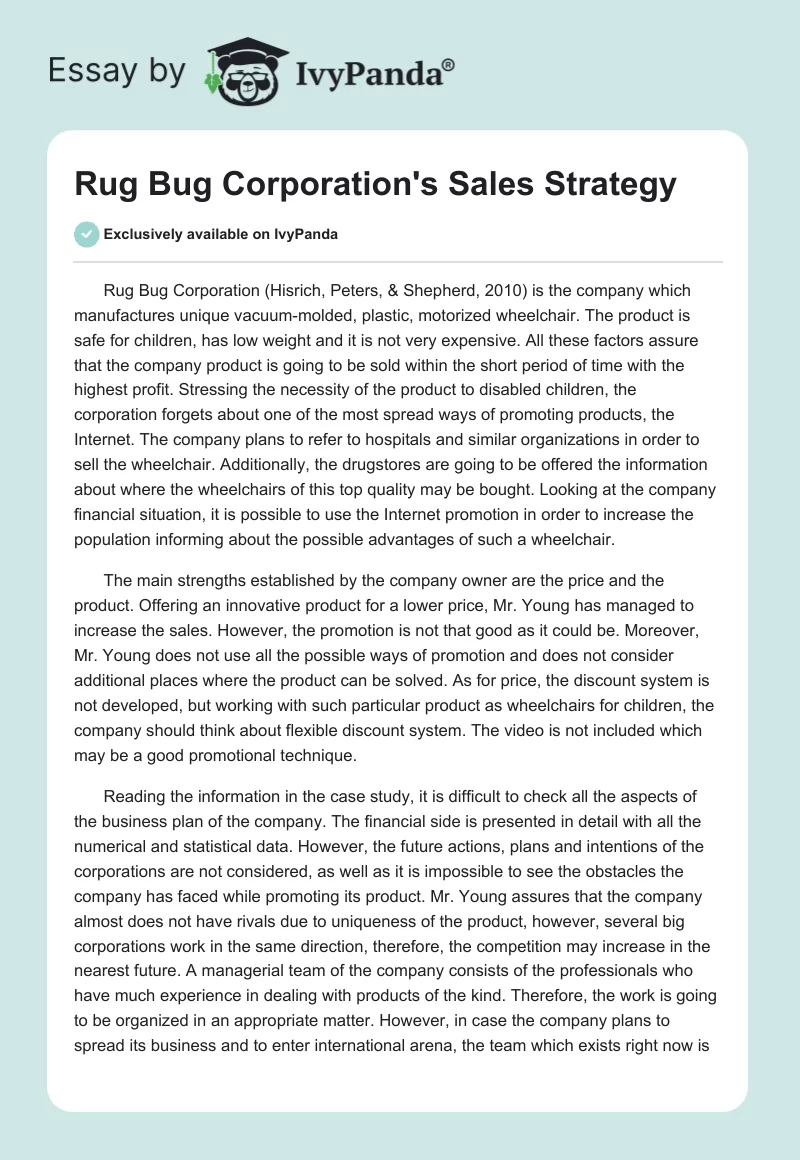 Rug Bug Corporation's Sales Strategy. Page 1