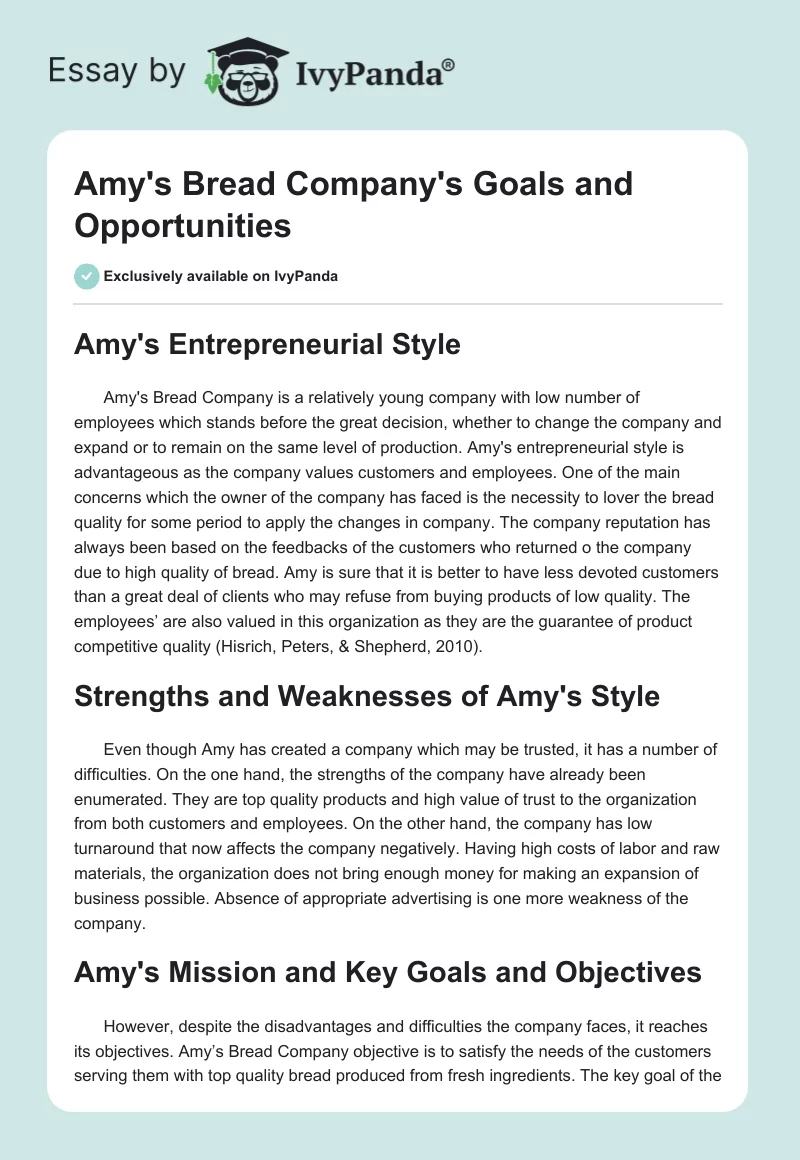 Amy's Bread Company's Goals and Opportunities. Page 1