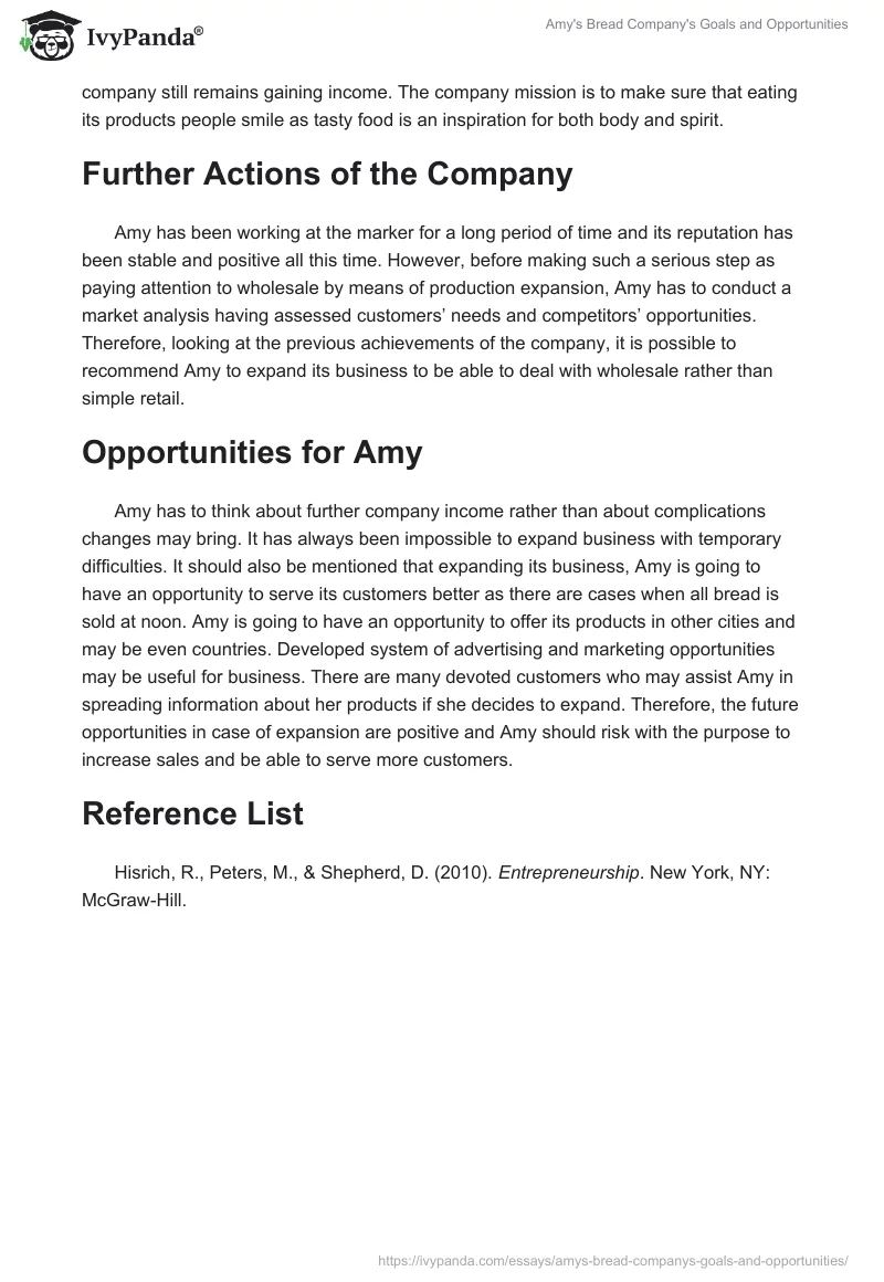 Amy's Bread Company's Goals and Opportunities. Page 2